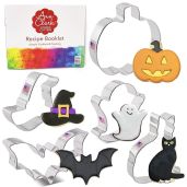 Premium 5-Pc Halloween Cookie Cutters Set - USA Made: Pumpkin, Ghost, Bat, Black Cat & Witch Hat by Ann Clark