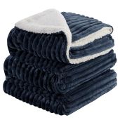 INFIIXSO Sherpa Fleece Queen Size Blanket Super Soft Warm Striped Cozy Plush Fluffy All Season Navy Blue 90x90 Inches