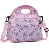 Kasqo Kids Lunch Bag Neoprene Lunch Box for Girls with Front Pocket Adjustable Strap Pink Unicorn Design