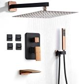 LCEVCGK Matte Black and Rose Gold Shower Faucet Set with 10 Inch Rainfall Shower Head and Handheld Shower for Bathroom Wall Mounted