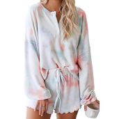 Lopie Womens Lounge Sets 2 Piece Pajamas Long Sleeve Tops Shorts Sleepwear Tie Dye Ruffle Nightwear Orange XL
