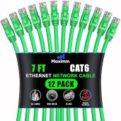 Maximm Cat 6 Ethernet Cable 7ft (12-Pack) - High-Speed 10Gbps LAN & Network Cables - UTP, 550MHz, Green