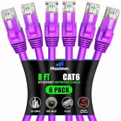 Maximm Cat 6 Ethernet Cable 8ft (6-Pack) - High-Speed 10Gbps LAN & Network Cable - Purple UTP, 550MHz Patch Cord