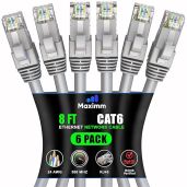 Maximm Cat 6 Ethernet Cable 8ft (6-Pack) - High-Speed 10Gbps LAN & Network Cables - UTP, 550MHz, Gray
