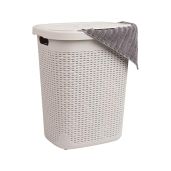 Mind Reader 50L Slim Laundry Hamper - Wicker Design, Lid, Plastic, Ivory - Perfect Clothes Basket for Small Spaces