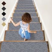 RIOLAND Non-Slip Stair Treads Carpet 15 PCS Modern Indoor Rugs for Safety Kids Dogs 8 X 30 Diamond Light Gray