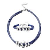 Trendy Blue Choker Necklace and Cuff Bracelet Set for Women Adjustable Leather Boho Jewelry Birthday Gifts 16 inch and 7 inch