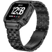 SUPLINK Stainless Steel Bands for Fitbit Versa 4, 3, 2 & Sense - Durable Black Watch Strap & Protector Cover for Men