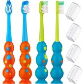 Trueocity Kids Toothbrush 4 Pack Soft Bristles Child Sized Brush Heads Suction Cup Storage Fun for Boys and Girls Ages 3 to 10