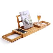 Utoplike Bamboo Bathtub Caddy Tray: Adjustable Organizer for Books, Wine, and Towels