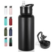 VEGOND 32 oz Insulated Stainless Steel Water Bottle with Leak Proof Straw and Spout Lid for Travel Sports Black