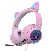 VIGROS Cat Ear Gaming Headphones: LED, Noise-Canceling, Foldable for Kids & Girls - Compatible with PC, PS4, Xbox, Mobile
