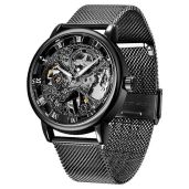 Whodoit Men's Skeleton Watch: Hand-Wind Mechanical, Stainless Steel Mesh Strap Design