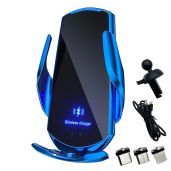 15W Wireless Car Charger - Fast Induction Charging & Auto-Clamping Vent Mount for Phones (Blue)