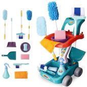 deAO Kids Cleaning Set 12 PCS Pretend Play Housekeeping Cart with Broom Dust Pan Spray Bottle for Ages 3 and Up