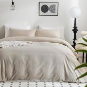 JELLYMONI Full Size Cotton Duvet Cover Set 100% Washed Cotton Lightweight Soft Bedding 3 Pieces Cream Gray Zipper Closure 80x90 Inches